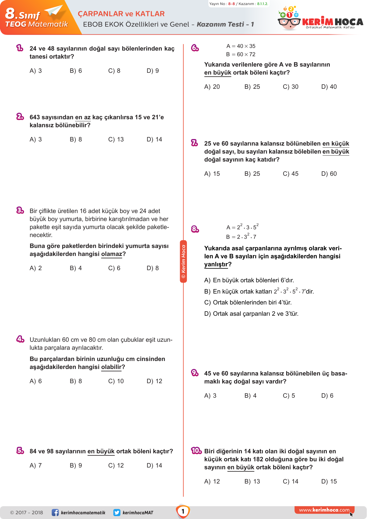 Kerim hoca 8 sınıf matematik çarpanlar ve katlar cevap anahtarı