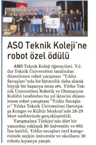ASO Teknik Koleji`ne robot özel ödülü