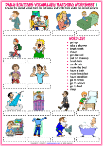 daily routines vocabulary esl matching exercise worksheets for kids