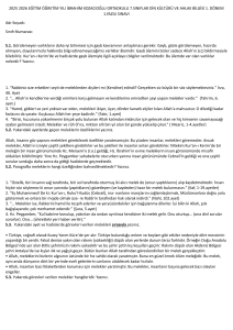 7. Sınıf Din Kültürü ve Ahlak Bilgisi 1. Dönem 1. Yazılı Sınavı